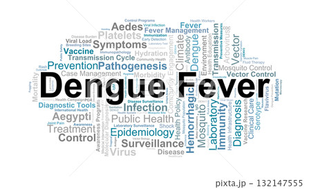 Dengue Fever Word Cloud. Key Concepts On Virus Transmission, Vector Control, Prevention, And Global Health Awareness. 132147555