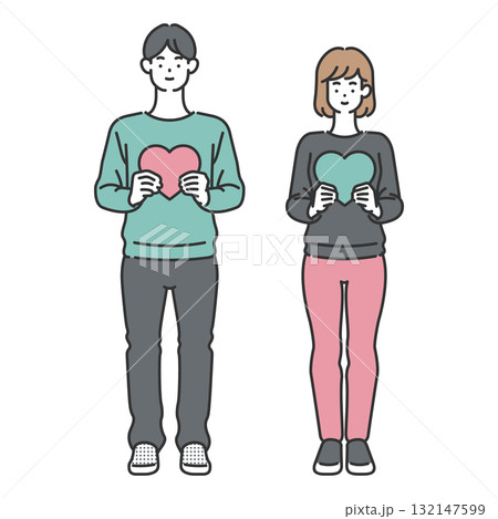 ハートを持つカップルのイラスト素材|恋愛や記念日に ハートを持つカップルのイラスト素材|恋愛や記念日に 132147599