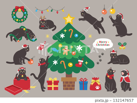 クリスマスを楽しむかわいい黒猫のイラスト 132147657
