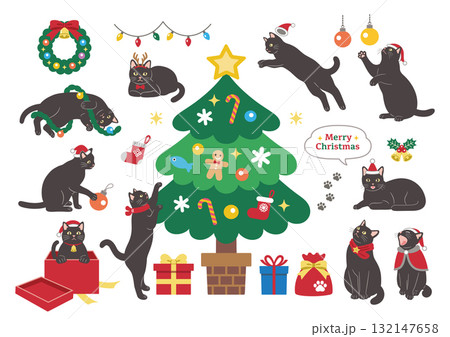 クリスマスを楽しむかわいい黒猫のイラスト 132147658