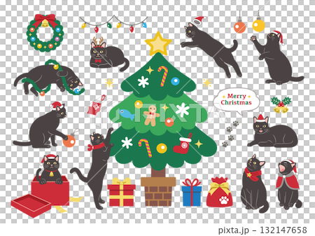 クリスマスを楽しむかわいい黒猫のイラスト 132147658