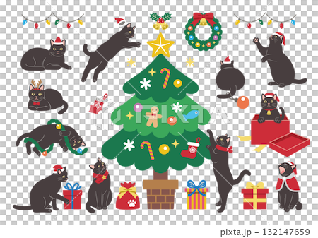 Illustration of a cute black cat enjoying Christmas 132147659
