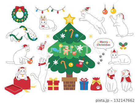 クリスマスに遊ぶかわいい白猫のイラスト　主線あり 132147662