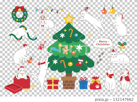 クリスマスに遊ぶかわいい白猫のイラスト　主線あり 132147662