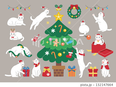 クリスマスを楽しむかわいい白猫のイラスト　主線あり 132147664