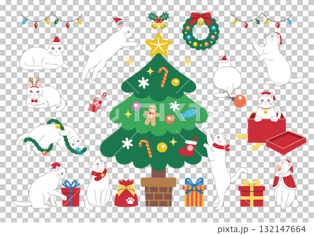 クリスマスを楽しむかわいい白猫のイラスト　主線あり 132147664