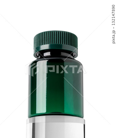 Green plastic bottle with ribbed screw cap, isolated on white background with clipping path Green plastic bottle with ribbed screw cap, isolated on white background with clipping path 132147890