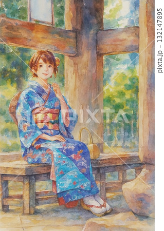 木漏れ日の中で微笑む着物美人 132147895