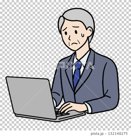 一位老人在電腦前工作時，表情很苦惱 132148275