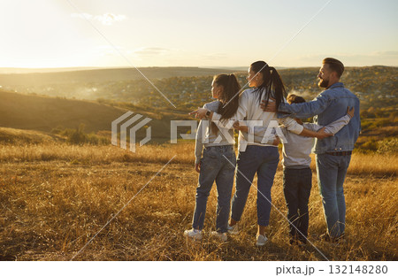Happy family together enjoy nature rear view portrait Happy family together enjoy nature rear view portrait 132148280