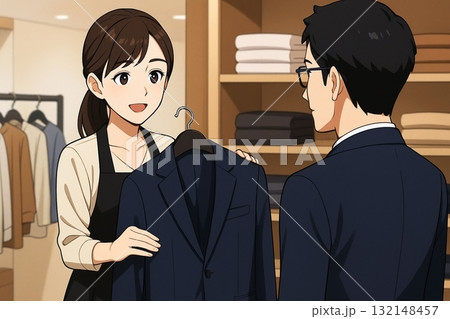 スーツを提案するアパレル店員と男性客の接客風景(ビジネスファッション) スーツを提案するアパレル店員と男性客の接客風景(ビジネスファッション) 132148457