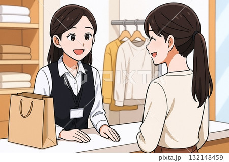 レジで笑顔で対応するアパレル店員と女性客の販売シーン 132148459