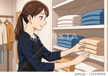 棚の商品を整えるアパレルスタッフの勤務風景（店内業務） 132148469