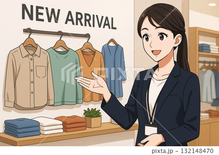 新作アイテムを紹介するアパレル販売員（案内・提案） 132148470