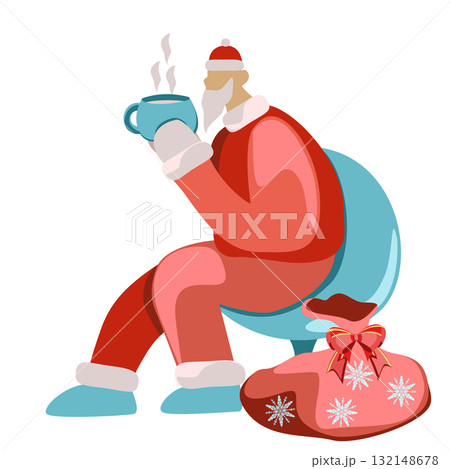 Santa is drinking hot cocoa vector illustration in flat technique 132148678
