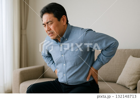 腰に手を当ててつらそうな表情をする人 132148713