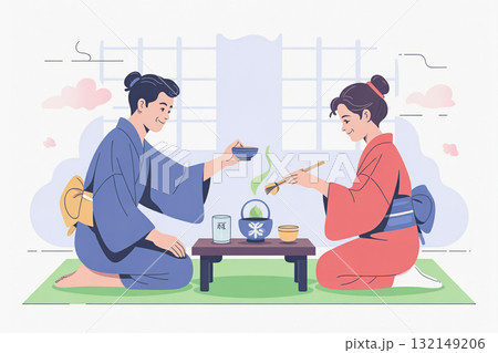 浴衣を着て茶道体験を楽しむ外国人旅行者 浴衣を着て茶道体験を楽しむ外国人旅行者 132149206