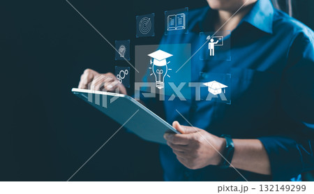 Concept of online education and digital learning is illustrated by hand using laptop, surrounded by icons such diploma, brain, target-symbolizing ideal e-learning platforms on education, development Concept of online education and digital learning is illustrated by hand using laptop, surrounded by icons such diploma, brain, target-symbolizing ideal e-learning platforms on education, development 132149299