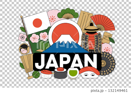 日本文化符號圖示集：富士山、壽司、櫻花、日本雨傘等平面插圖。 132149461