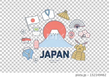 Japanese culture symbol icon set: Flat illustrations of Mt. Fuji, sushi, cherry blossoms, Japanese umbrellas, etc. 132149462