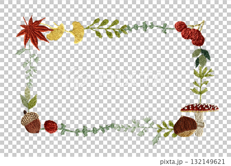 [秋季植物裝飾框方形]手工刺繡插畫素材 132149621