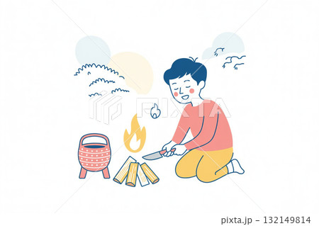 田舎の庭で薪割りをする男性 132149814