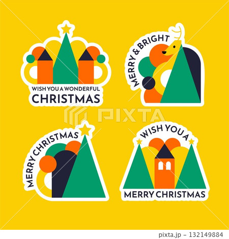 Hand Drawn Merry Christmas Celebration Label Flat Cartoon Illustration Template 132149884