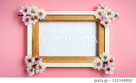 桜の花で飾った木製のフレーム素材（AI生成画像） 132149892