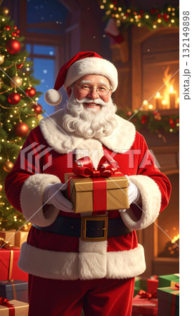 プレゼントを渡す笑顔のサンタクロース　クリスマスイブ 132149898