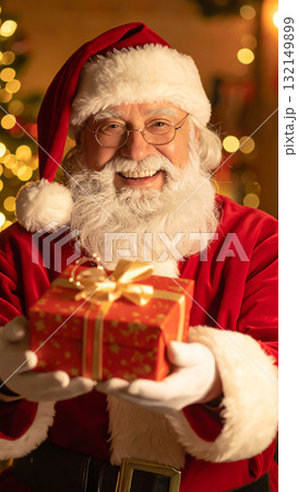 プレゼントを渡す笑顔のサンタクロース　クリスマスイブ 132149899