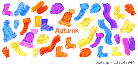 Vector illustration of autumn clothes set with scarves, hats, gloves, and boots. Hand drawn warm accessories collection isolated on white background Vector illustration of autumn clothes set with scarves, hats, gloves, and boots. Hand drawn warm accessories collection isolated on white background 132149944