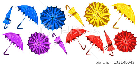 Vector illustration of colorful umbrellas set. Hand drawn open umbrellas in bright colors isolated on white background 132149945