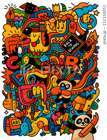 Colorful doodle art, cartoon animal, back to school, playful, creative, vibrant, fun 132150051