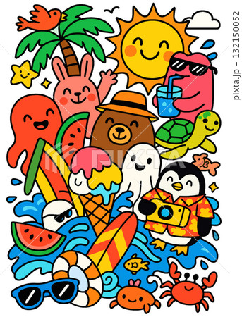 Cartoon summer beach animals, sun, palm, watermelon, ice cream, joyful vacation vibe 132150052