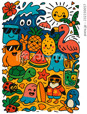 Summer, beach, sun, flamingo, pineapple, and watermelon create cheerful tropical vacation vibe Summer, beach, sun, flamingo, pineapple, and watermelon create cheerful tropical vacation vibe 132150057