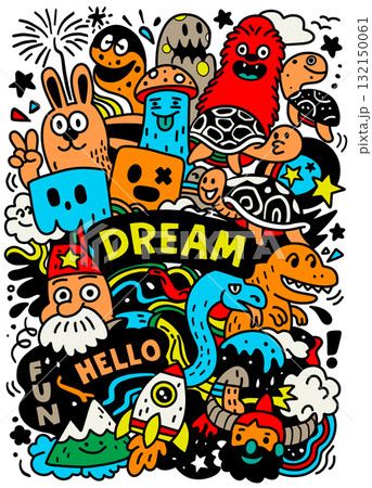 Dream fun hello cartoon doodle colorful animal dinosaur mushroom rocket playful 132150061