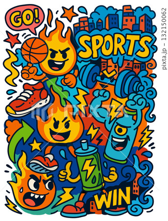 Sports cartoon fire basketball sneaker dumbbell spray city energetic win 132150062