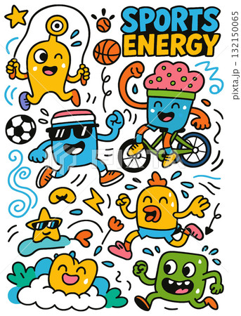 Sports energy cartoon characters, running, cycling, playing soccer, joyful, colorful, energetic Sports energy cartoon characters, running, cycling, playing soccer, joyful, colorful, energetic 132150065