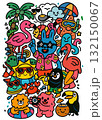 Summer beach party cartoon animal character flamingo rabbit penguin sun tropical joyful 132150067