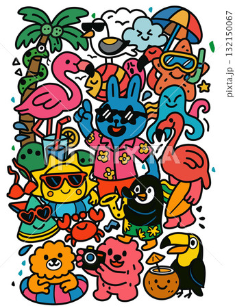 Summer beach party cartoon animal character flamingo rabbit penguin sun tropical joyful 132150067