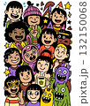 Group of happy children, party hats, costumes, smiling, colorful, cartoon style, joyful mood 132150068