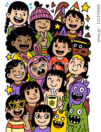 Group of happy children, party hats, costumes, smiling, colorful, cartoon style, joyful mood 132150068