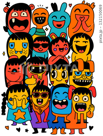 Colorful cartoon characters with happy, playful, and silly expressions, group illustration 132150069