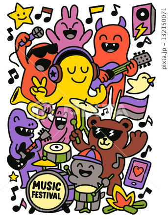 Music festival cartoon animal character colorful joyful playing instrument singing 132150071