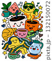 Cheerful cartoon breakfast scene with coffee, croissant, fruit, cat, and music notes 132150072