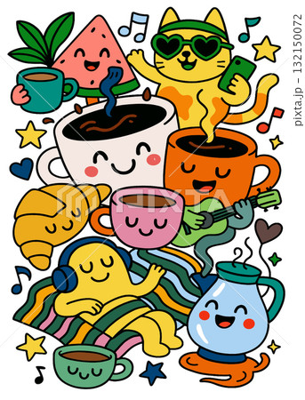 Cheerful cartoon breakfast scene with coffee, croissant, fruit, cat, and music notes 132150072