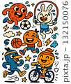 Cartoon animal and human characters playing soccer, basketball, cycling, skipping rope, running 132150076