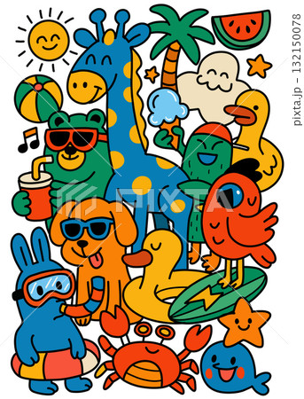Summer animal cartoon giraffe bear dog duck parrot beach happy colorful playful Summer animal cartoon giraffe bear dog duck parrot beach happy colorful playful 132150078