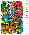 Colorful cartoon monsters playing guitar, keyboard, saxophone, and drums with joyful expressions 132150080