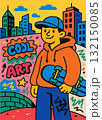 Young man orange hoodie holding skateboard, colorful city graffiti wall, urban street art style 132150085